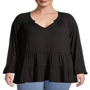 Terra & Sky Women's Plus Size Tiered Tunic Peasant Top - Black Soot (0X) -NEW